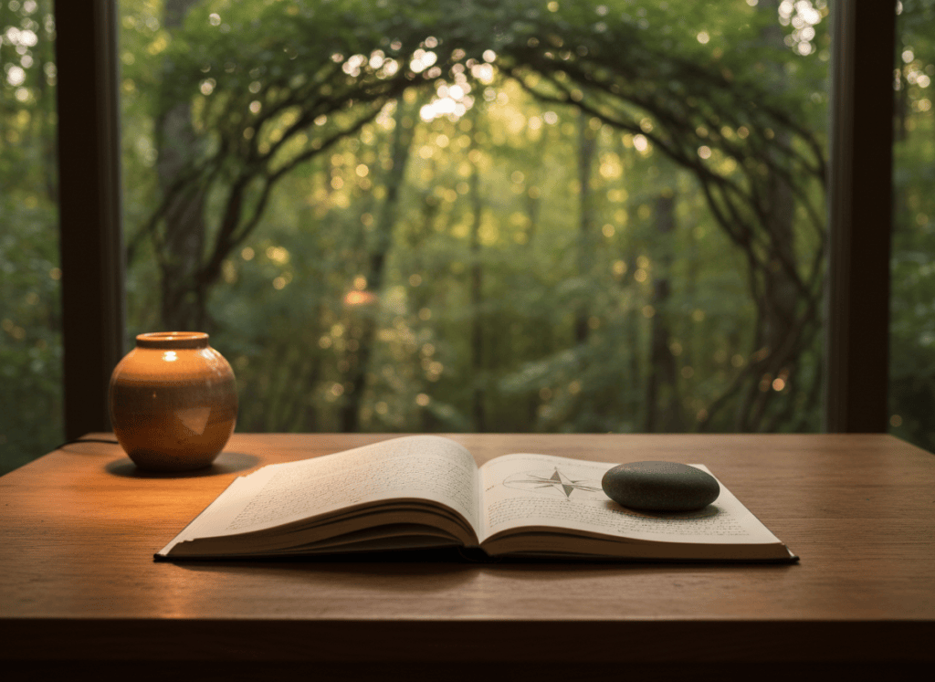 A serene wooden desk in a quiet studio, the surface neatly arranged with an open linen-bound journal, a softly glowing ceramic desk lamp, and a single smooth river stone placed as a paperweight. Outside the large window, a hint of forest canopy is visible in soft blur, branches forming an organic frame. Late afternoon natural light filters in, creating gentle highlights on the journal’s textured pages and subtle shadows around the stone. Photographic realism, shot at eye level with a shallow depth of field, creating an intimate, reflective mood that suggests thoughtful mentoring and inner orientation without showing any people.
