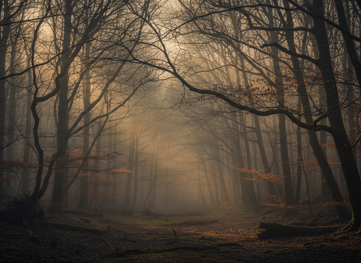 Weiches Licht fällt durch kahle Äste in einen nebligen Wald, warme ockerfarbene und erdige Töne