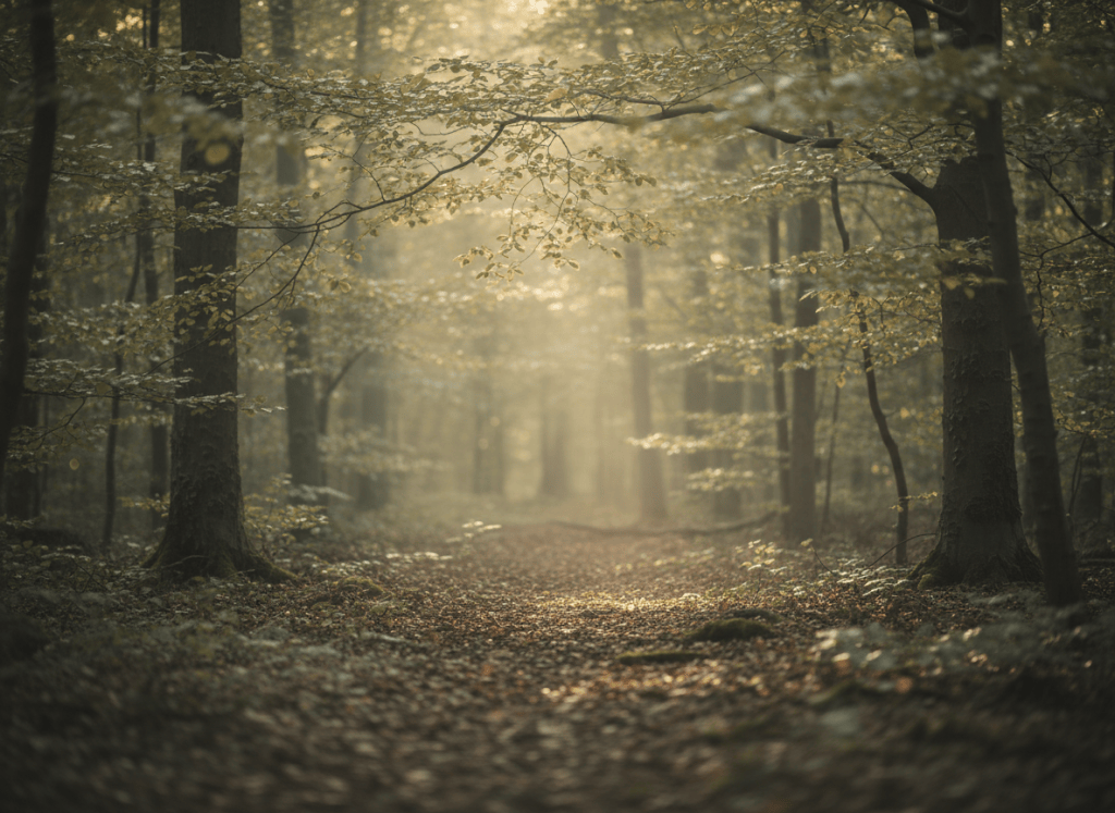 Licht fällt durch Blätter und Zweige eines Waldes, ruhige Naturstruktur