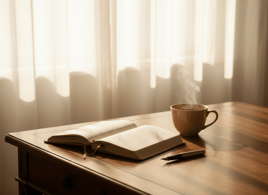 Warmes Morgenlicht fällt durch dünne Vorhänge auf einen Holztisch mit offenem Notizbuch und einer Tasse Tee