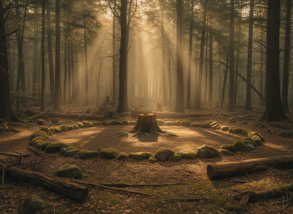 Atmospheric editorial photograph of a clearing in a forest with light streaming in through trees, muted warm tones, evoking a gathering or speaking space without people, refined