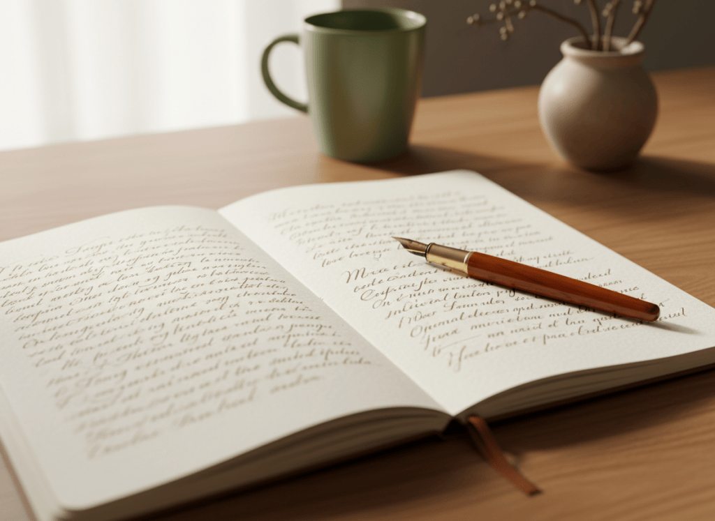 Open notebook with handwriting and a fountain pen on a warm wooden desk near natural light, muted earth tones, editorial still life photography, quiet and intimate, no visible legible text