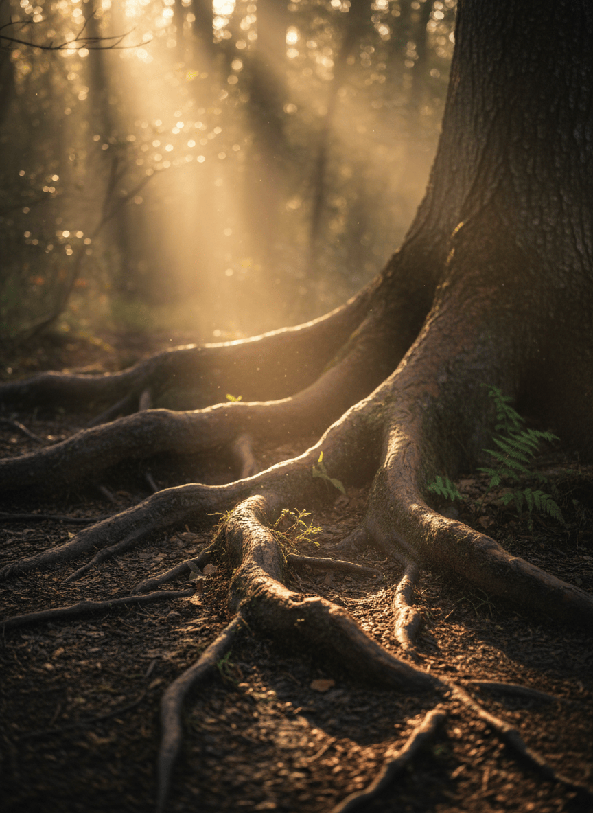 Atmospheric close-up of tree roots in dark earth with golden morning light breaking across them, muted natural tones, editorial photography, warm and grounded, subtly mystical