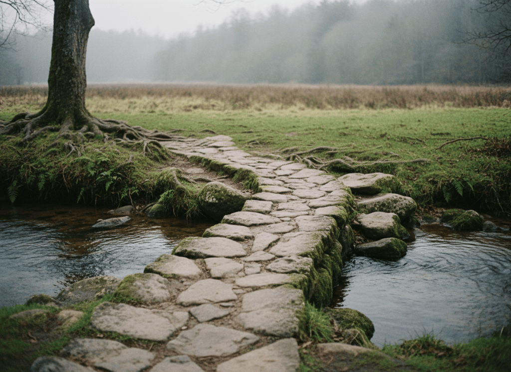 Editorial photograph of a quiet natural stone path or river crossing between two shores, warm muted grays and greens, soft overcast light, sense of transition and passage, film grain, high-quality, calm, no people, no symbols