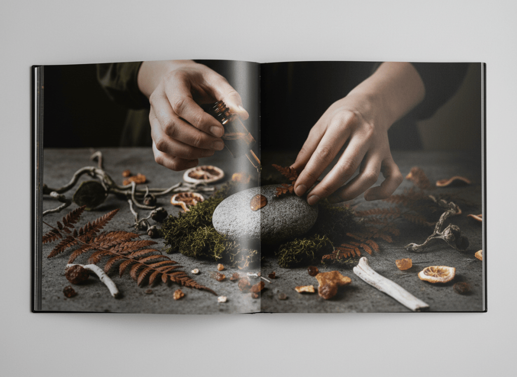 Editorial fine-art photograph, muted natural palette. Close-up of hands working with natural materials — dried plants, botanical elements, or amber-colored oil on a stone surface. Warm ochre and forest green tones, dark moody light. High-quality art book style, no obvious wellness or esoteric imagery.