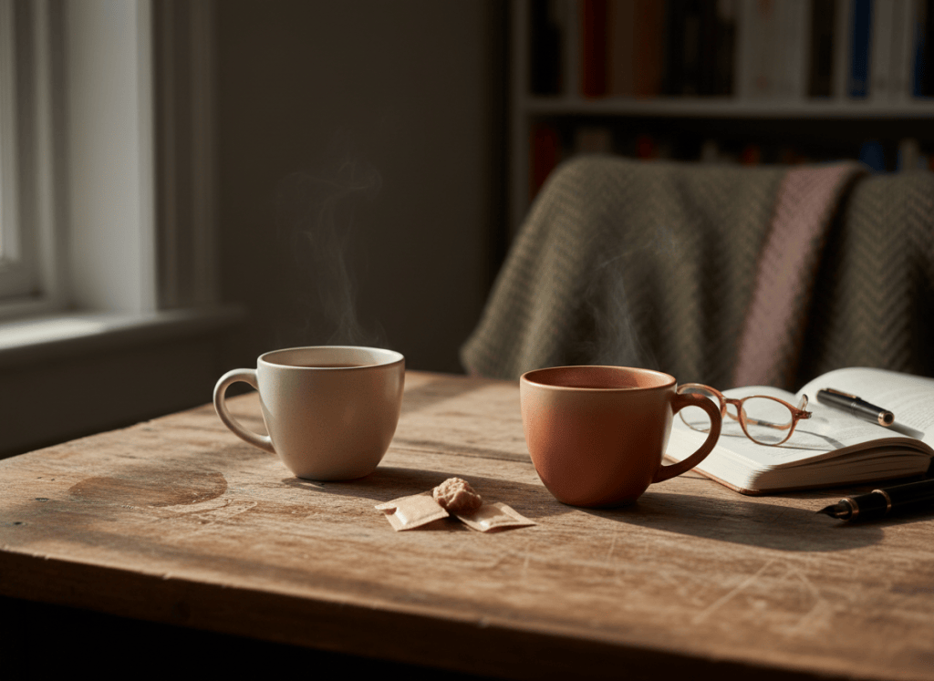 Two coffee cups on a weathered wooden table in soft window light, quiet intimate atmosphere, muted warm tones, editorial photographic style, suggests a thoughtful conversation. No people visible.