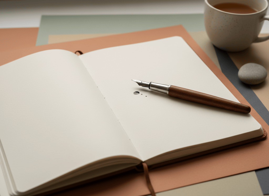 Close-up of an open notebook and fountain pen on warm paper surface, soft window light, muted earth tones, editorial still life photography, sense of quiet thinking, no text visible