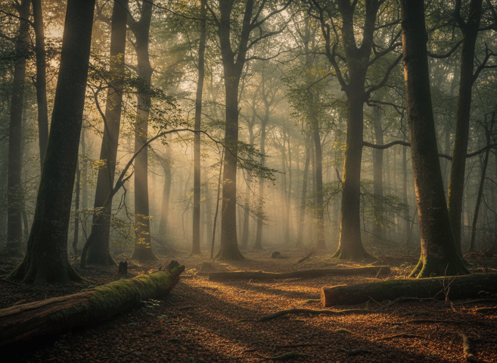 Atmospheric forest scene, soft morning light filtering through tall trees, muted deep green and warm earth tones, misty depth, editorial fine-art photography, calm and mysterious, no people, no symbols, natural paper-like warmth, high quality