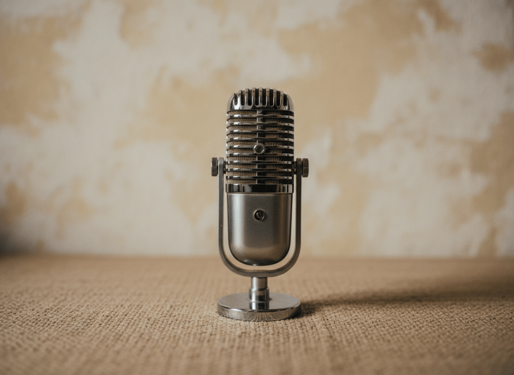 A single vintage microphone in soft natural light against a warm neutral textured background, muted tones, quiet and editorial, art-book quality, no branding