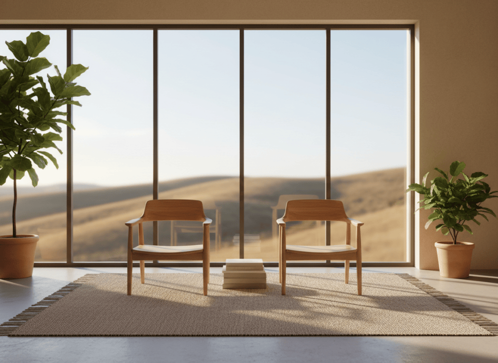 Two empty simple wooden chairs near a large window with soft natural light, quiet interior, warm neutral tones, spacious and calm, editorial art-book feel, no people