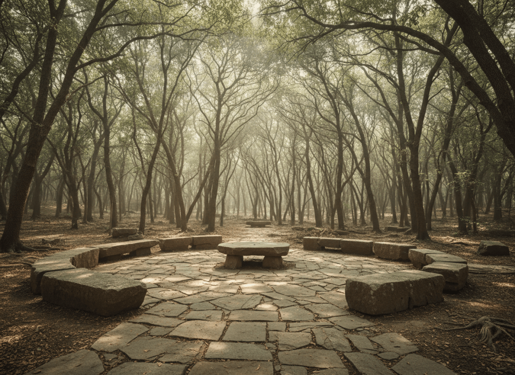 Editorial fine-art photograph, muted earth and stone tones. An empty, atmospheric space suggesting gathering — soft light on a natural material surface, or a clearing in a forest with light through trees, warm neutral palette, spacious and calm. No people front-facing, art-book aesthetic.