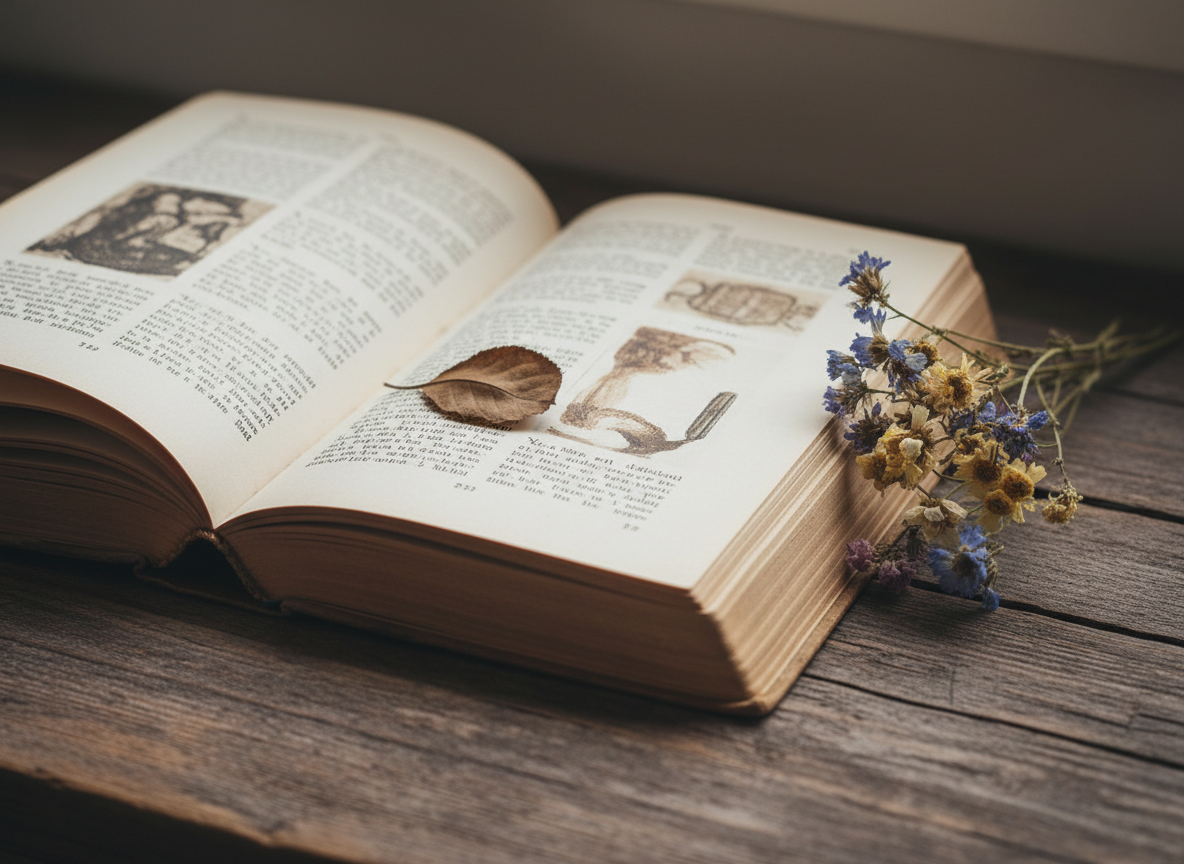 Schreiben & Bücher — offenes Buch, stille Betrachtung